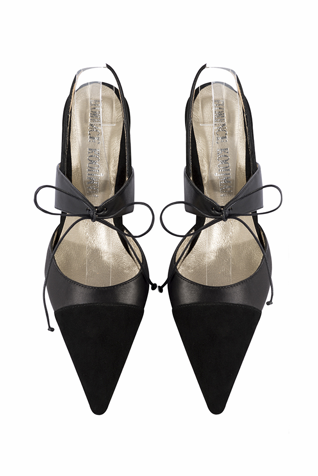 Matt black women's open back shoes, with an instep strap. Pointed toe. High slim heel. Top view - Florence KOOIJMAN